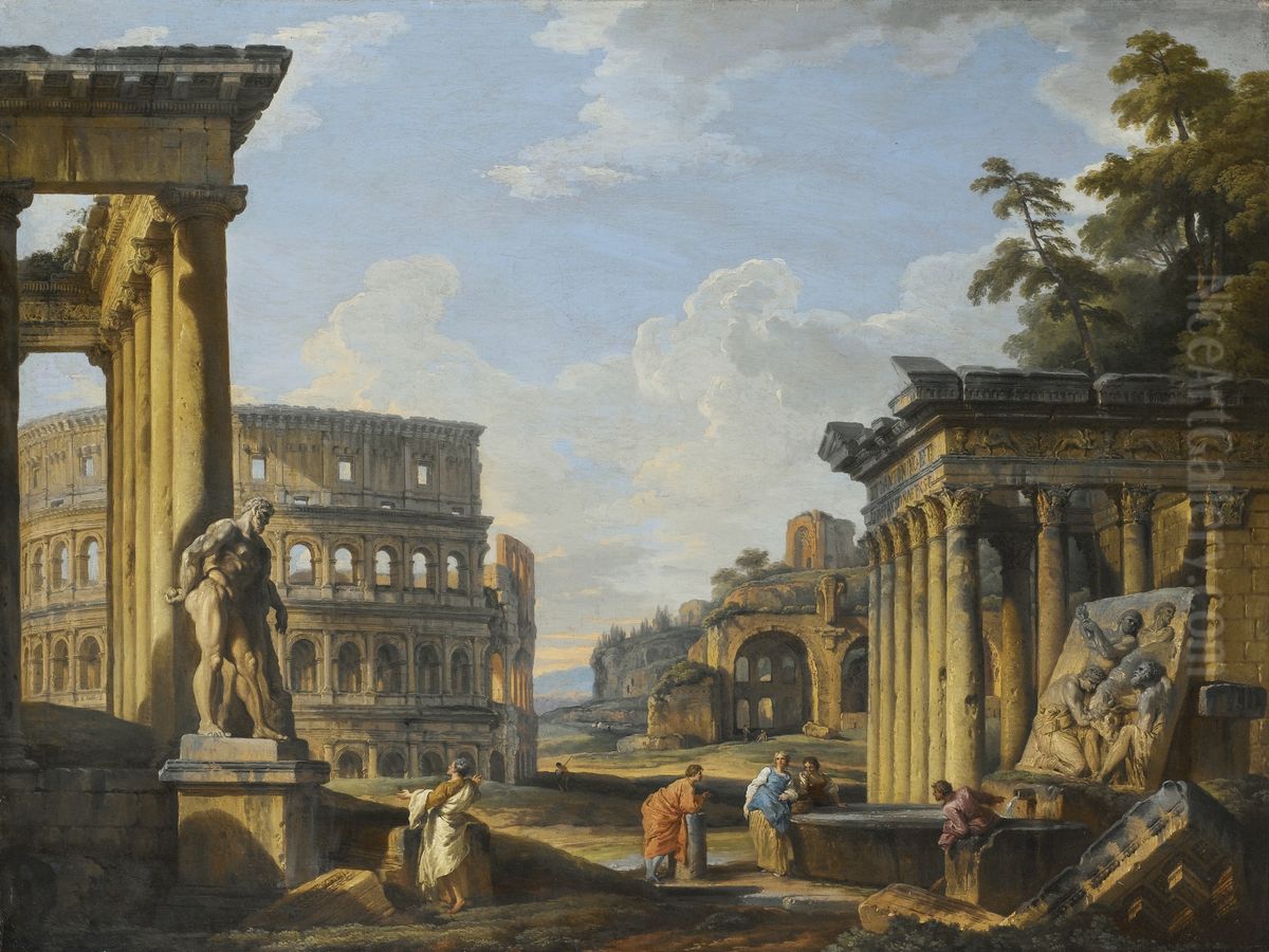 Capriccio of classical Ruins with the Temple of Antonius and Faustina, the Colosseum, the Basilica of Maxentius and the Temple of Venus and Rome, a Man admiring the Farnese Hercules while others Converse with Washerwomen near a Oil Painting by Giovanni Paolo Panini