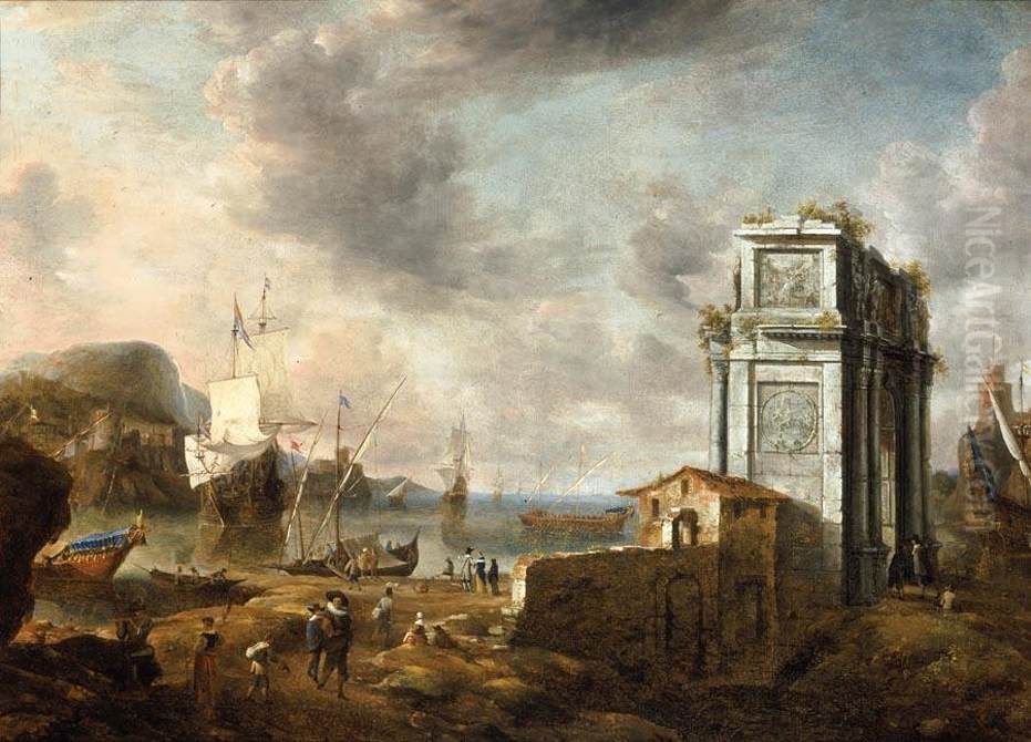 Capriccio of a Mediterranean Harbour Oil Painting by Jan Abrahamsz Beerstraaten