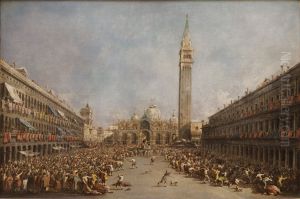 Le Doge de Venise porte par les gondoliers, apres son election sur la place Saint-Marc