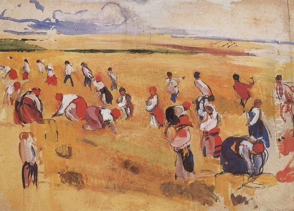 Grain Harvest Oil Painting by Zinaida Serebryakova