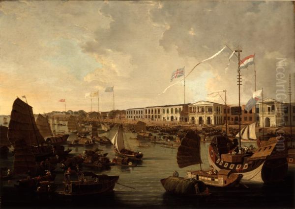 View of the Canton Factories Oil Painting by William Daniell RA