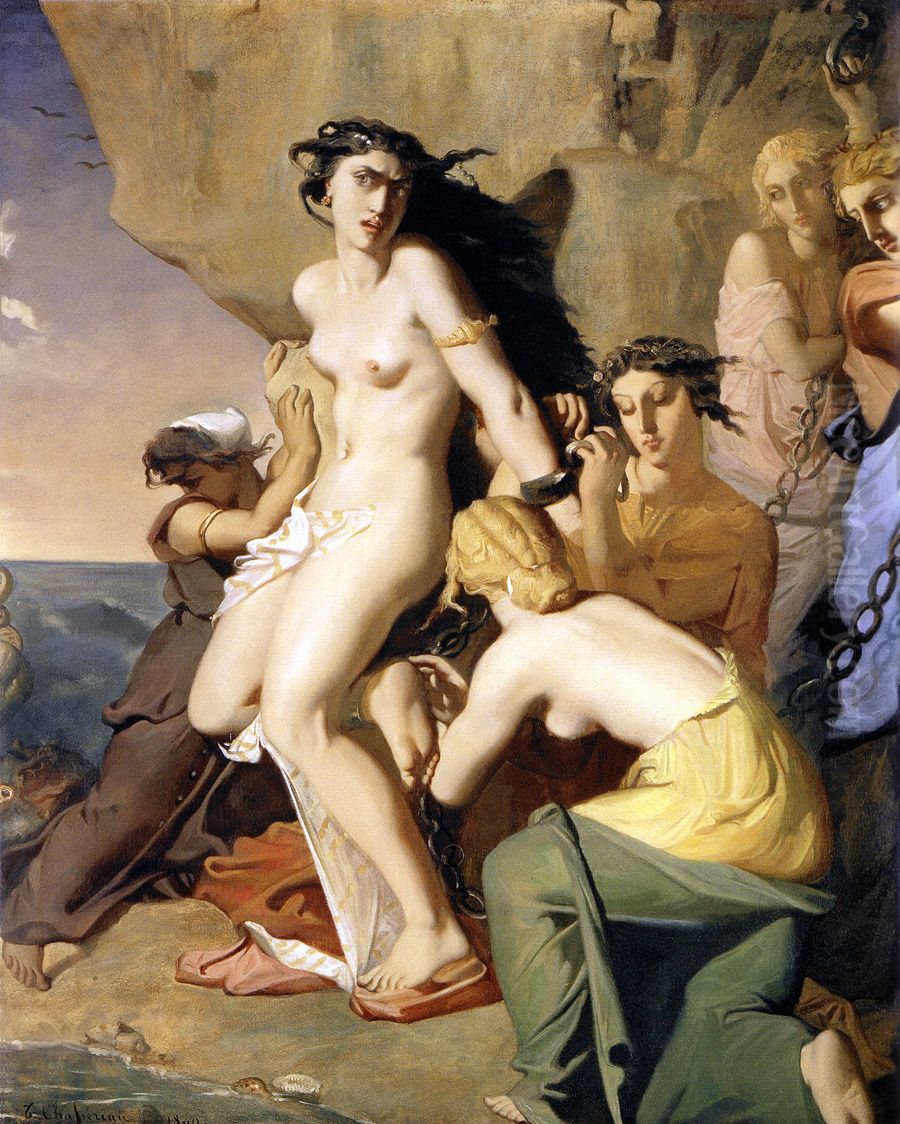 Andromedeattachee au rocher par les Nereides. Oil Painting by Theodore Chasseriau