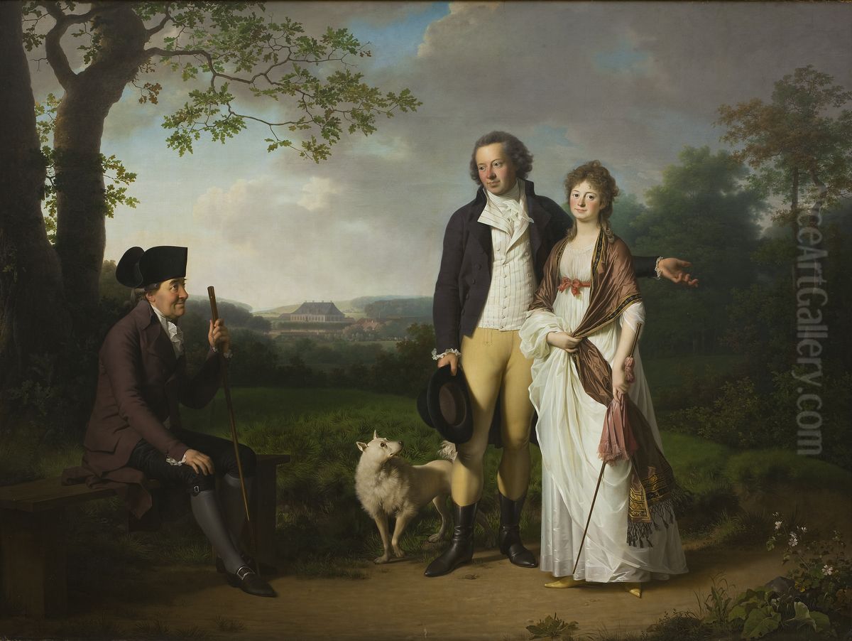 Niels Ryberg med sin son Johan Christian og svigerdatter Engelke, f. Falbe Oil Painting by Jens Juel