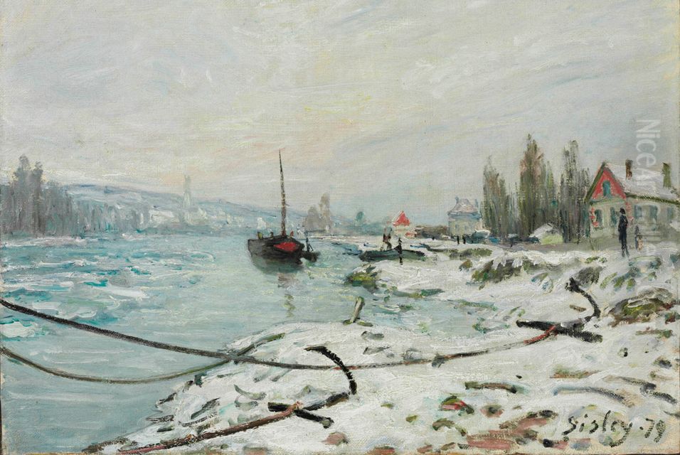 Mooring Lines, the Effect of Snow at Saint-Cloud Oil Painting by Alfred Sisley