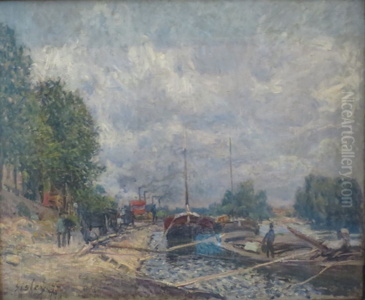 Les peniches a Billancourt Oil Painting by Alfred Sisley