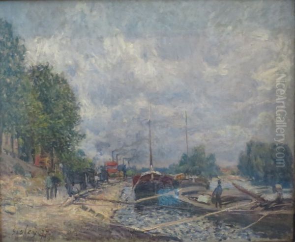 Barges at Billancourt Oil Painting by Alfred Sisley