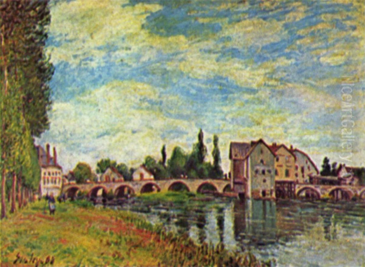 Pont et Moulin de Moret en ete Oil Painting by Alfred Sisley