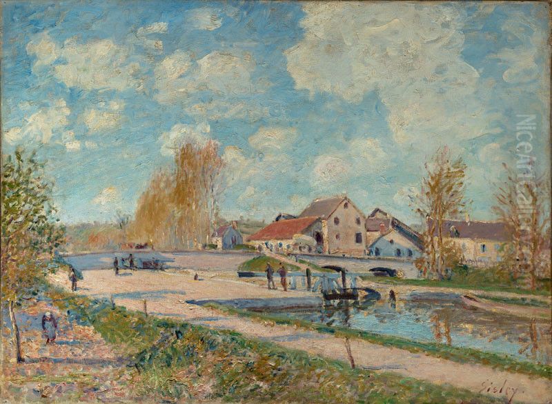 The Bourgogne Lock at Moret Oil Painting by Alfred Sisley