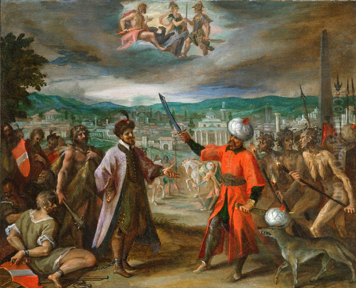 Allegory of the Turkish war - The declaration of war before Constantinopl Oil Painting by Hans Von Aachen