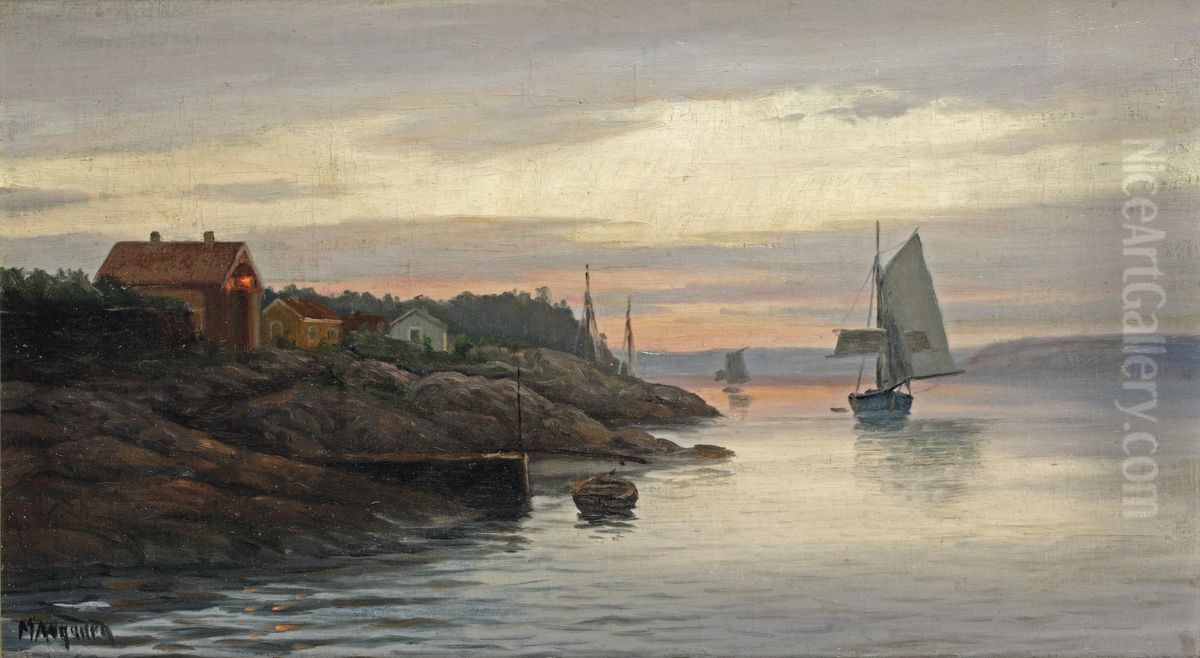 Setting sail from the fjords at sunset Oil Painting by Martin Aagaard
