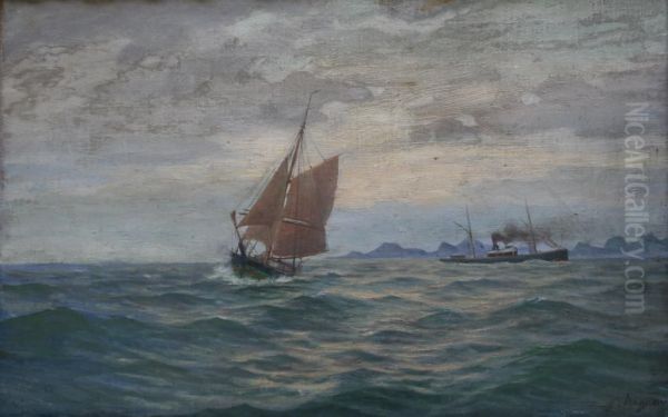 To fartoyer pa et skandinavisk kysten Oil Painting by Martin Aagaard