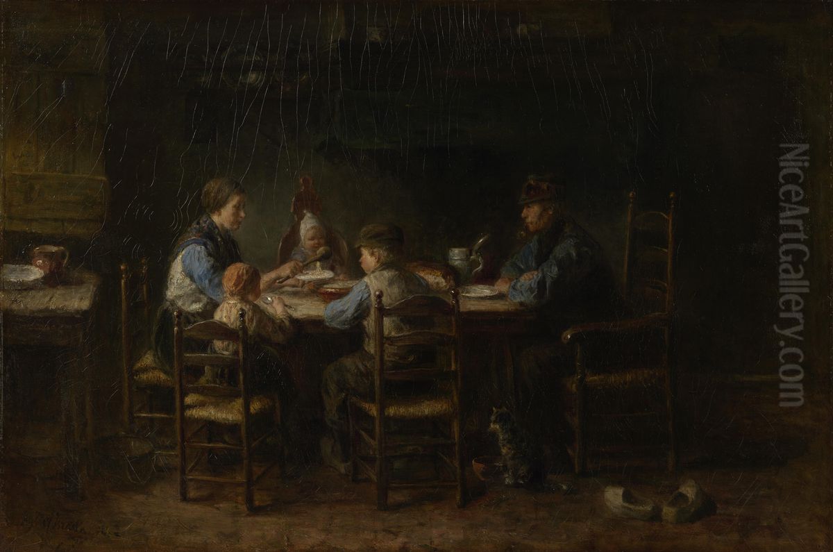 Boerengezin aan de maaltijd Oil Painting by Jozef Israels