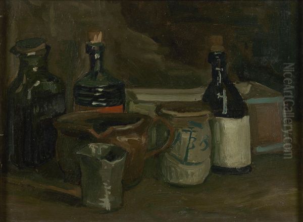 Stilleven met flessen en aardewerk Oil Painting by Vincent Van Gogh