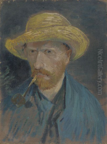 Self-Portrait with Straw Hat and Pipe Oil Painting by Vincent Van Gogh
