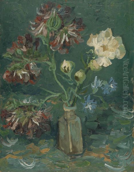 Flesje met pioenrozen en blauwe ridderspoor Oil Painting by Vincent Van Gogh