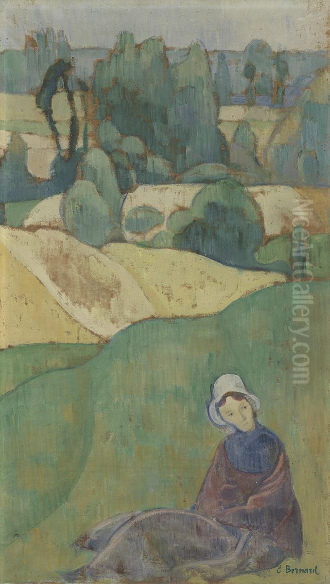 Woman Sitting in a Field: Brittany Oil Painting by Emile Bernard