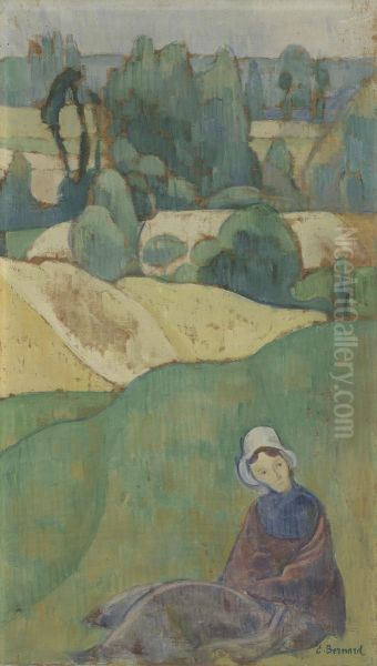 Vrouw zittend in een veld: Bretagne Oil Painting by Emile Bernard