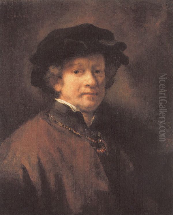 Self portrait with black baret and golden chain Oil Painting by Rembrandt
