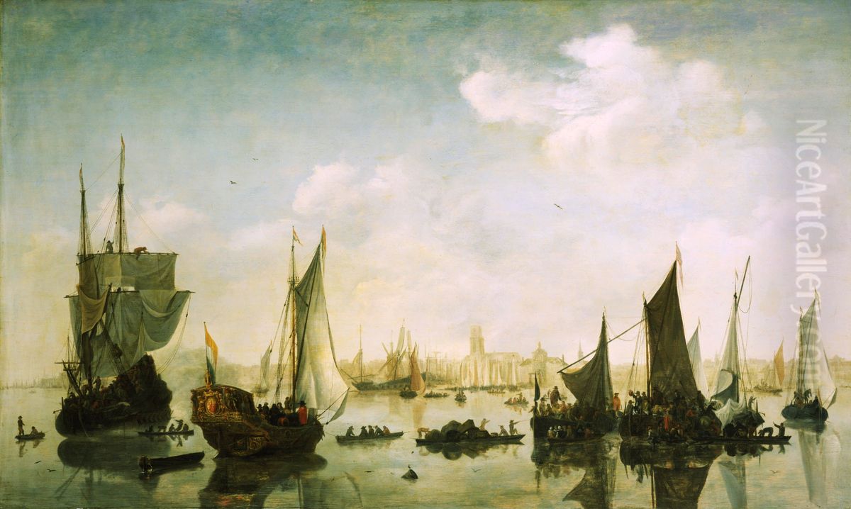 A view of the river Maas before Rotterdam Oil Painting by Jan Van De Cappelle