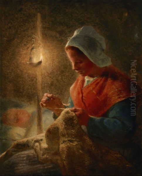 Femme coud a la lumiere de la lampe Oil Painting by Jean-Francois Millet