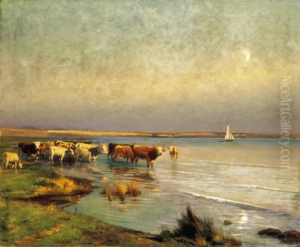 Cows by the Lake Balaton Oil Painting by Gyula Agghazy