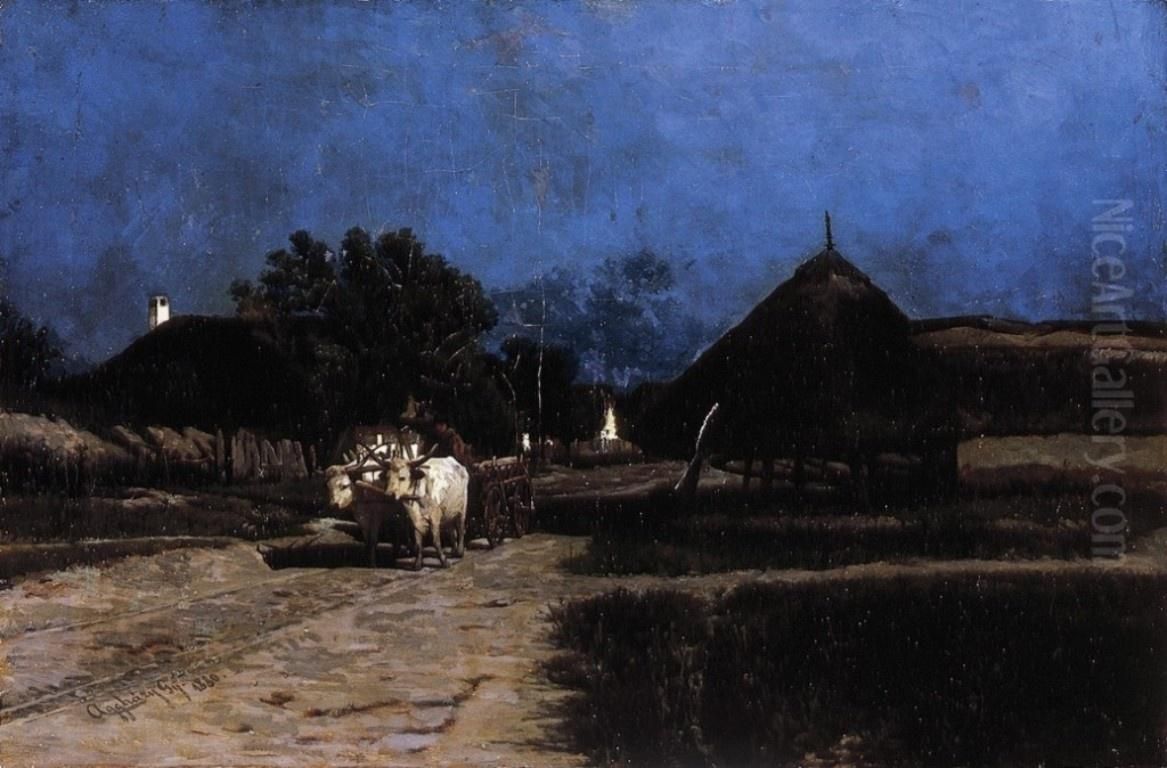 Village at Night Oil Painting by Gyula Agghazy