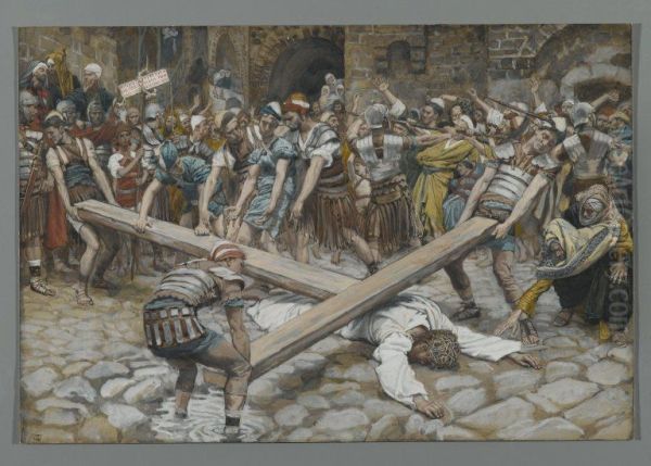 Simon de Cyrene contraint de porter la Croix avec Jesus Oil Painting by James Tissot