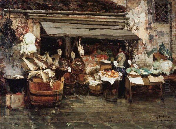 Market Scene in Venice Oil Painting by Alessandro Milesi