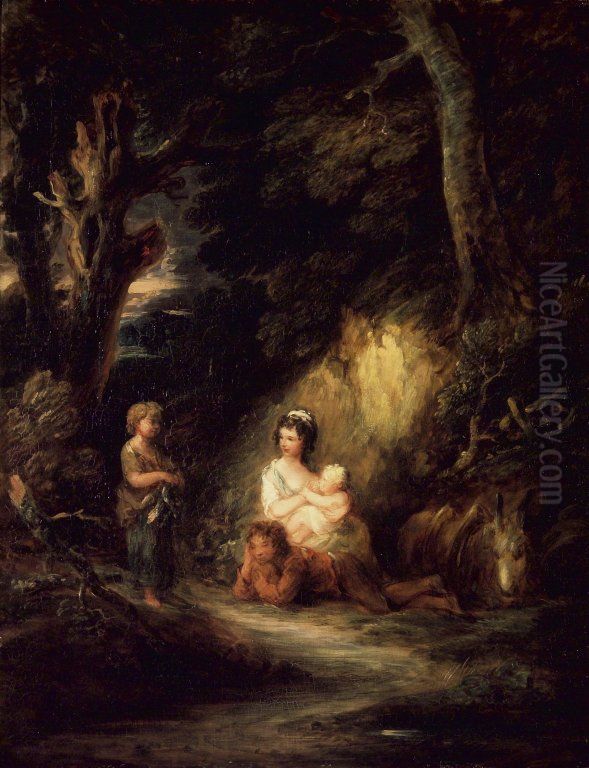 Halt of Traveling Peasants by a Woodside Oil Painting by Gainsborough Dupont