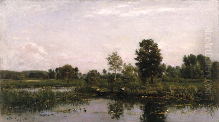A Bend in the River Oise Oil Painting by Charles-Francois Daubigny