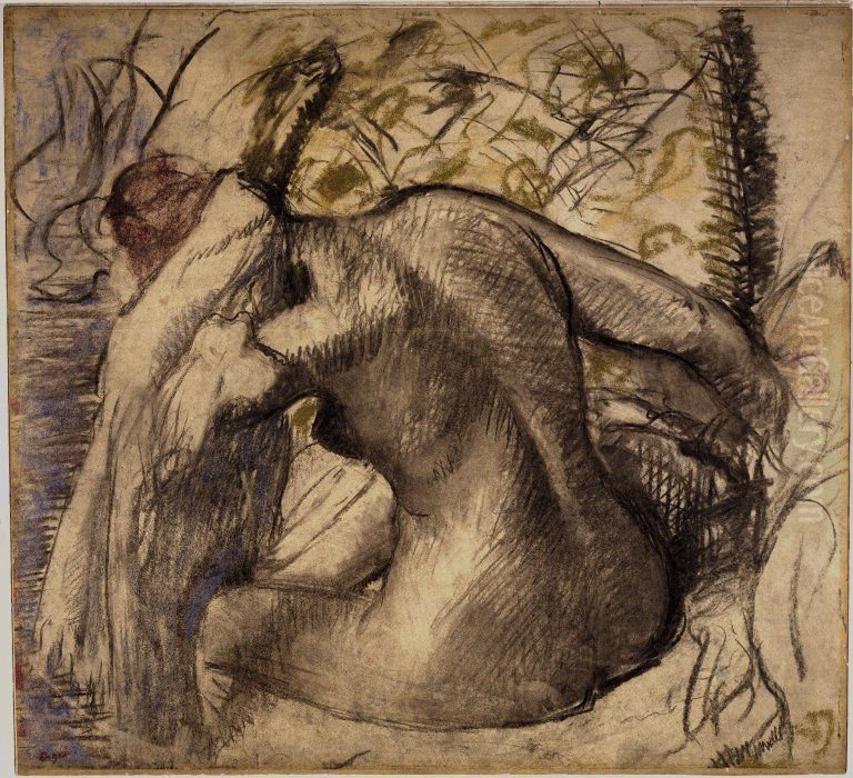 Seated Nude Woman Drying Her Hair Oil Painting by Edgar Degas
