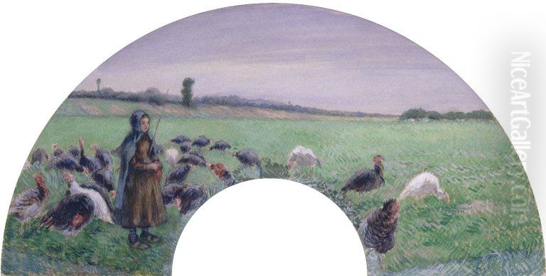 Girl in Field with Turkeys Oil Painting by Camille Pissarro