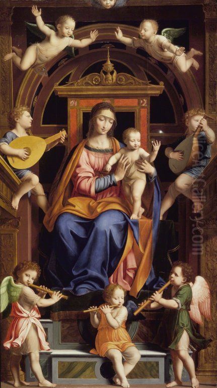 Madonna and Child Enthroned with Angels Oil Painting by Bernardino Luini