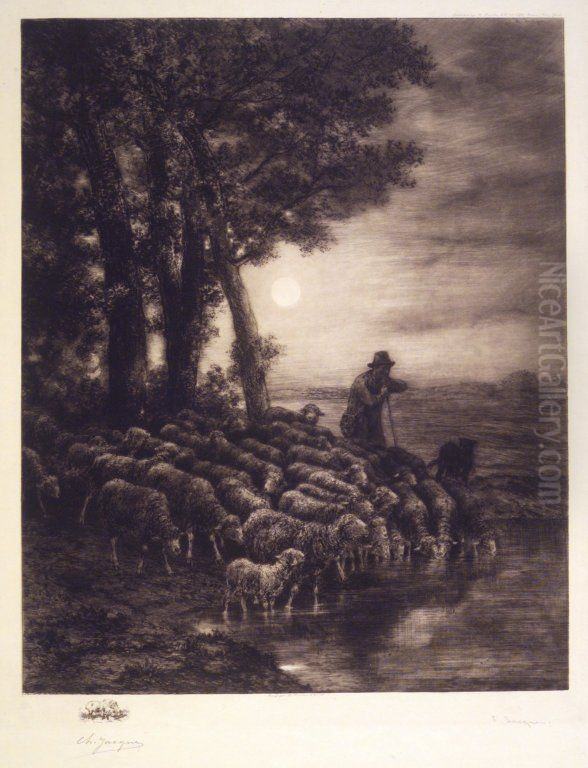 Moonlight Oil Painting by Charles Jacque