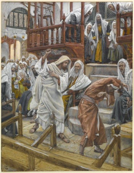 Jesus Chases a Possessed Man from the Synagogue Oil Painting by James Jacques Joseph Tissot