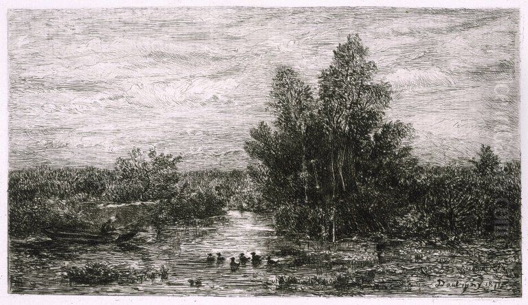 Fisherman on River with Ducks Oil Painting by Charles-Francois Daubigny