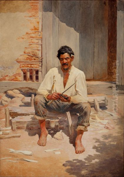Caipira Cutting Tobacco Oil Painting by Jose Ferraz De Almeida Junior