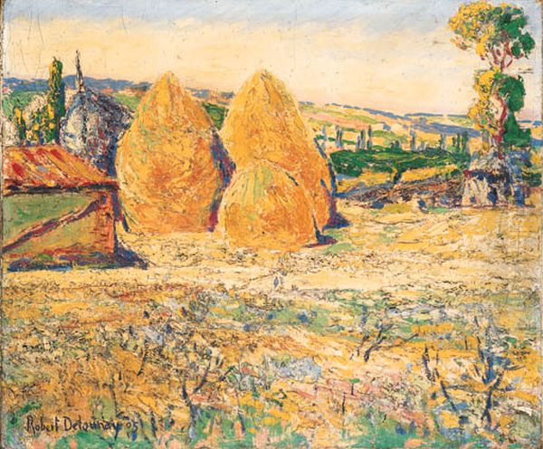 Landscape, Haystacks Oil Painting by Robert Delaunay