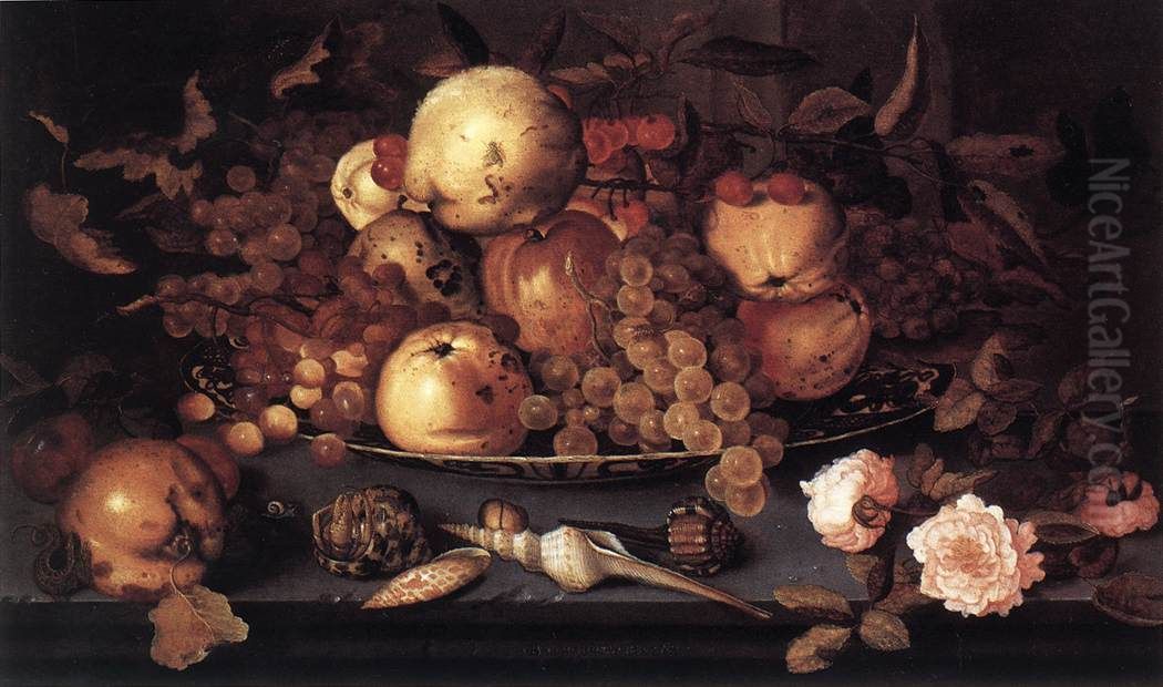 Still Life with fruit, flowers, shells and insects Oil Painting by Balthasar Van Der Ast