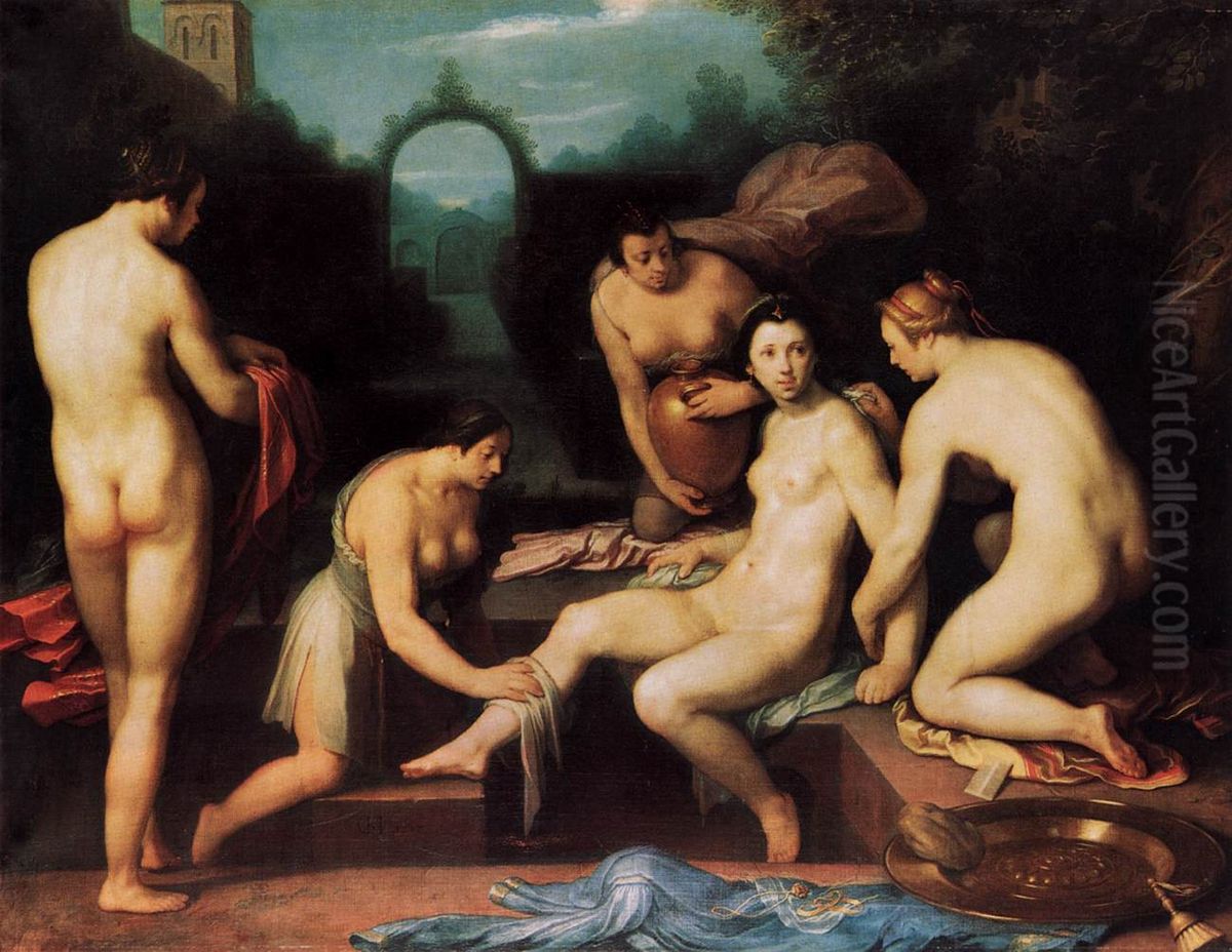 Bathsheba at her toilet. Oil Painting by Cornelis van Haarlem