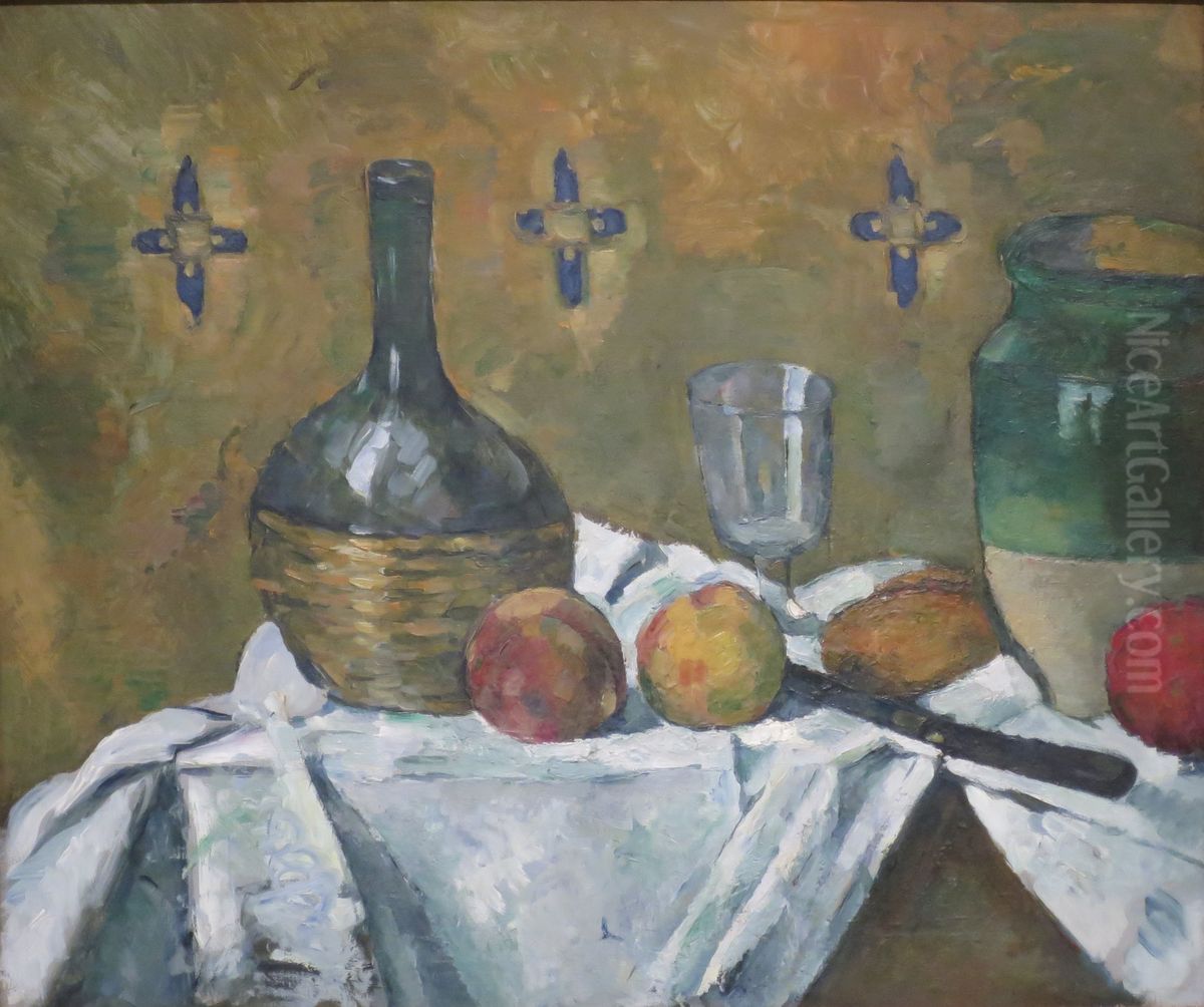 Fiasque, verre et poterie Oil Painting by Paul Cezanne