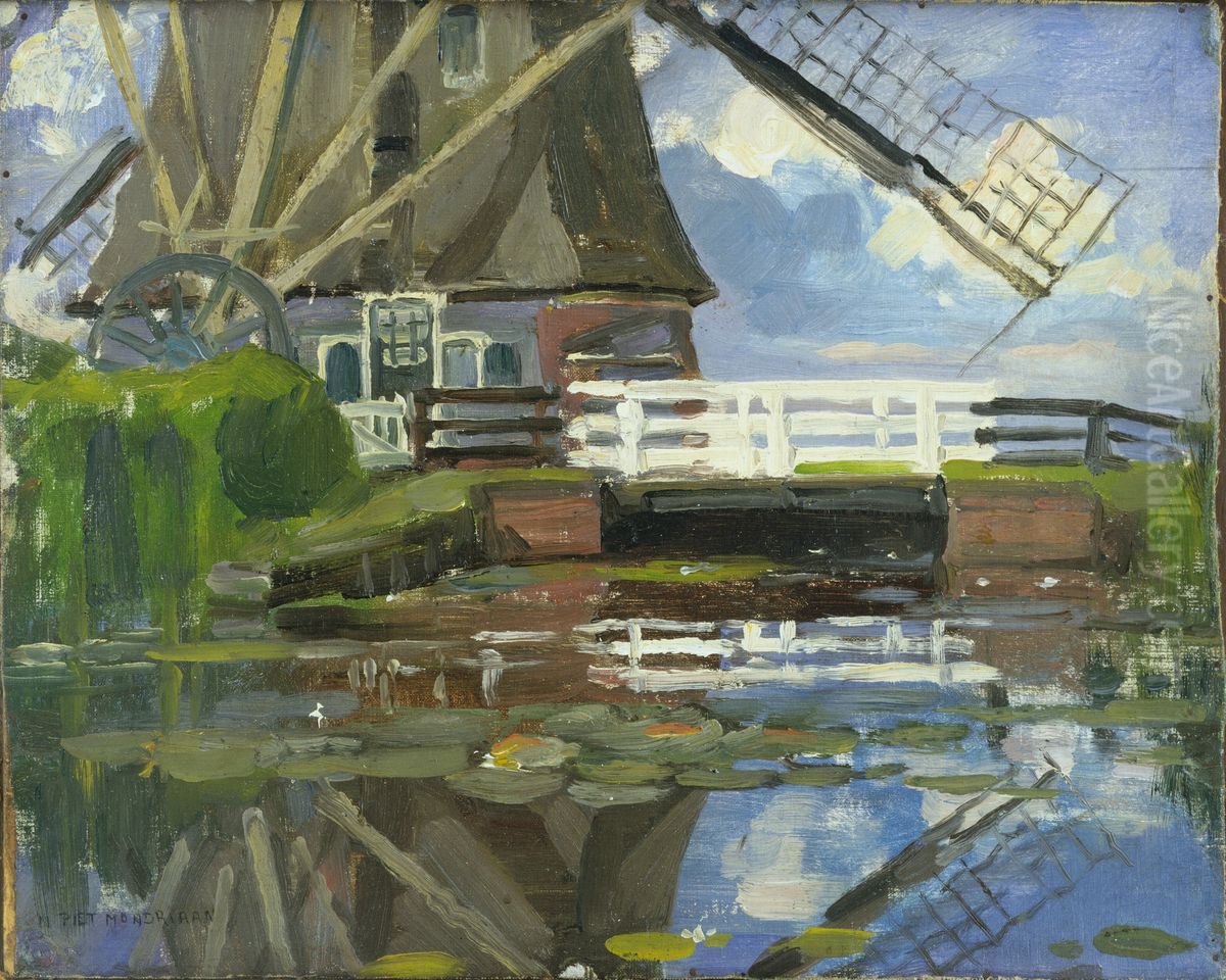 Truncated view of the Broekzijder mill on the Gein, wings facing west Oil Painting by Piet Mondrian