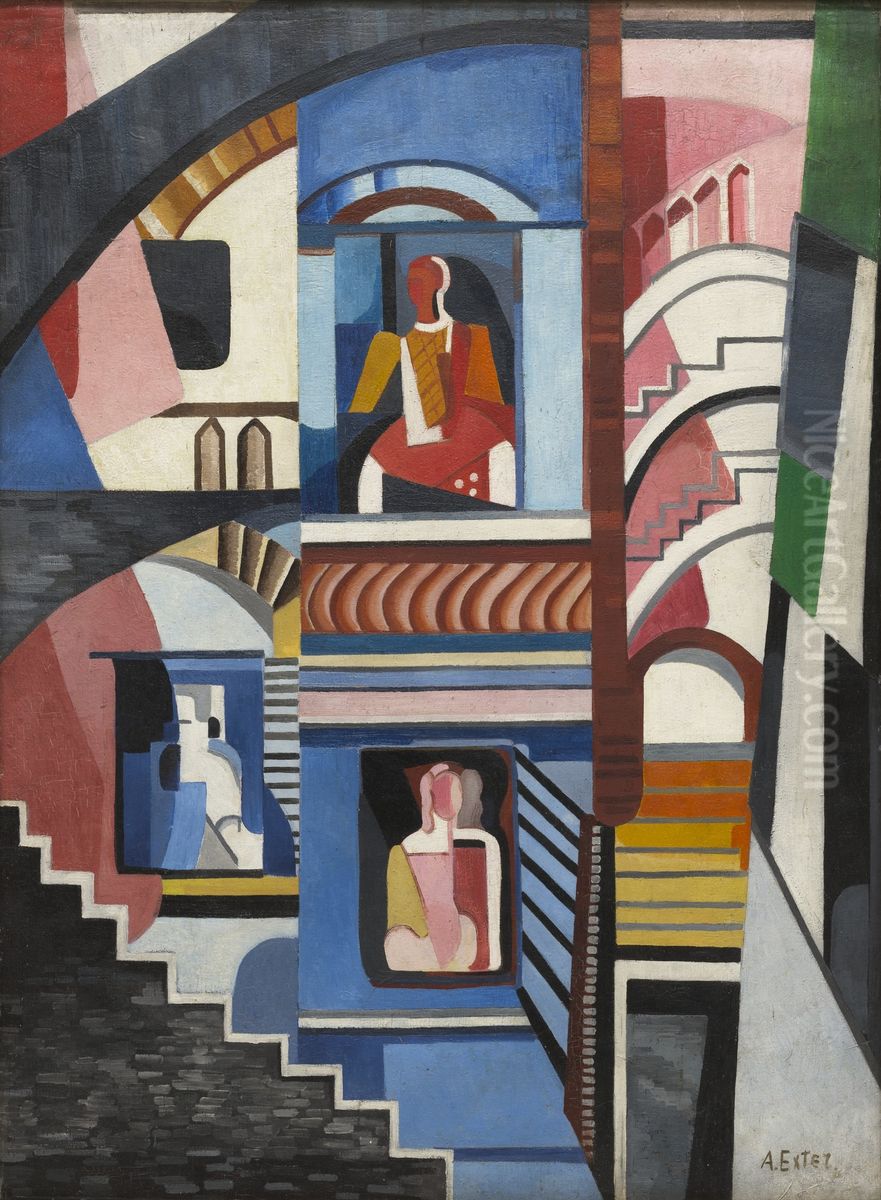 Theatrical Composition Oil Painting by Aleksandra Ekster