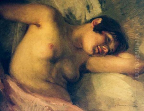 half nude in pink drapery Oil Painting by Boleslaw Barbacki