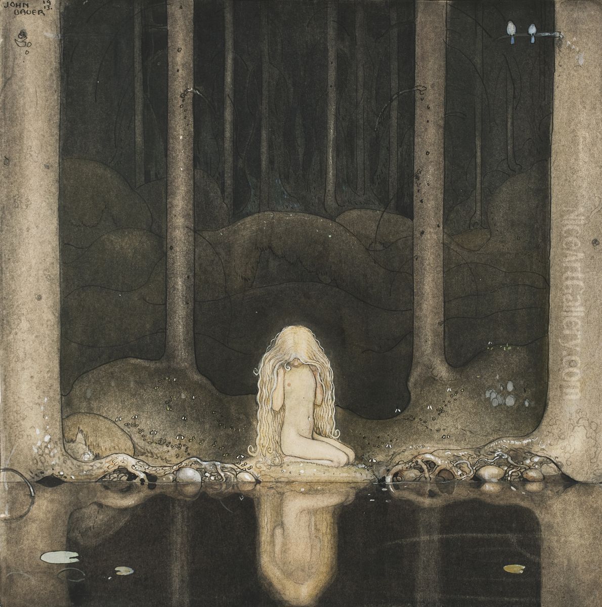 Princess Tuvstarr gazing down into the dark waters of the forest tarn Oil Painting by John Bauer