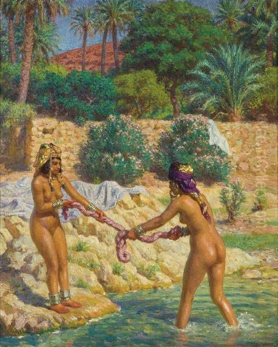 Fillettes essorant leur linge Oil Painting by Nasreddine Dinet