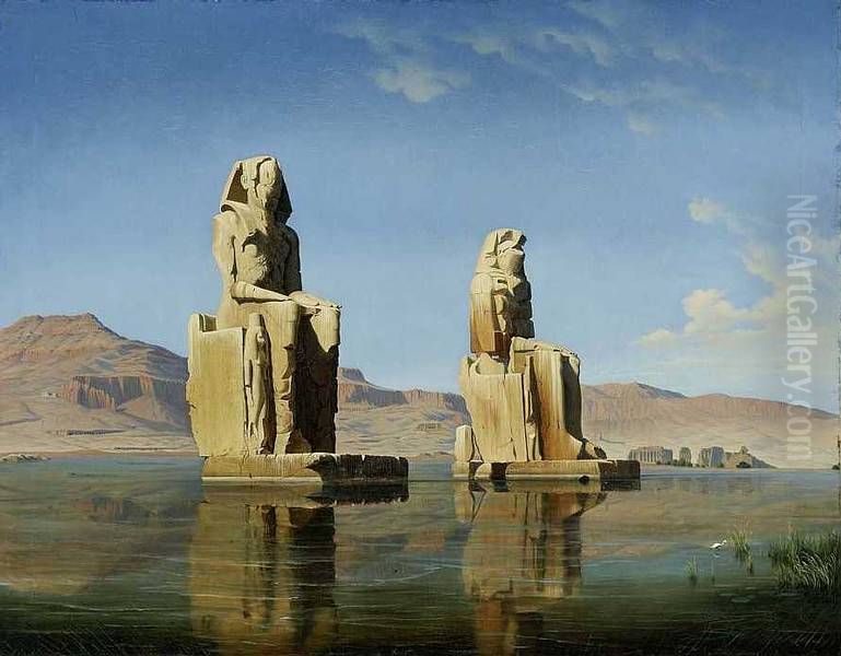 Die Kolosse des Memnon in Agypten Oil Painting by Hubert Sattler