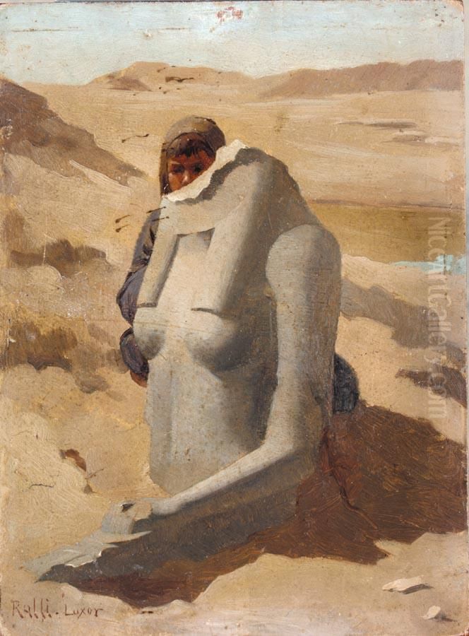 Child Hiding Behind Egyptian Sculpture, Luxor Oil Painting by Theodore Ralli