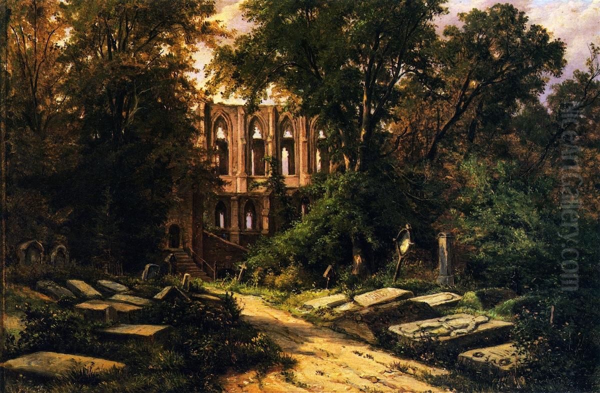 Cemetery by a Ruined Gothic Church Oil Painting by Hermann Lungkwitz