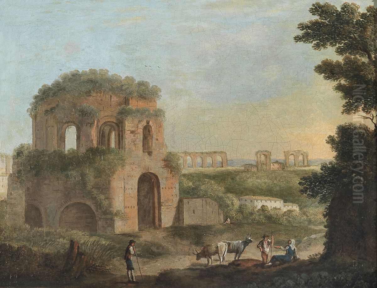 View of the Temple of Minerva Medica and an Aqueduct, Collezione Mainetti (Roma) Oil Painting by Paolo Anesi
